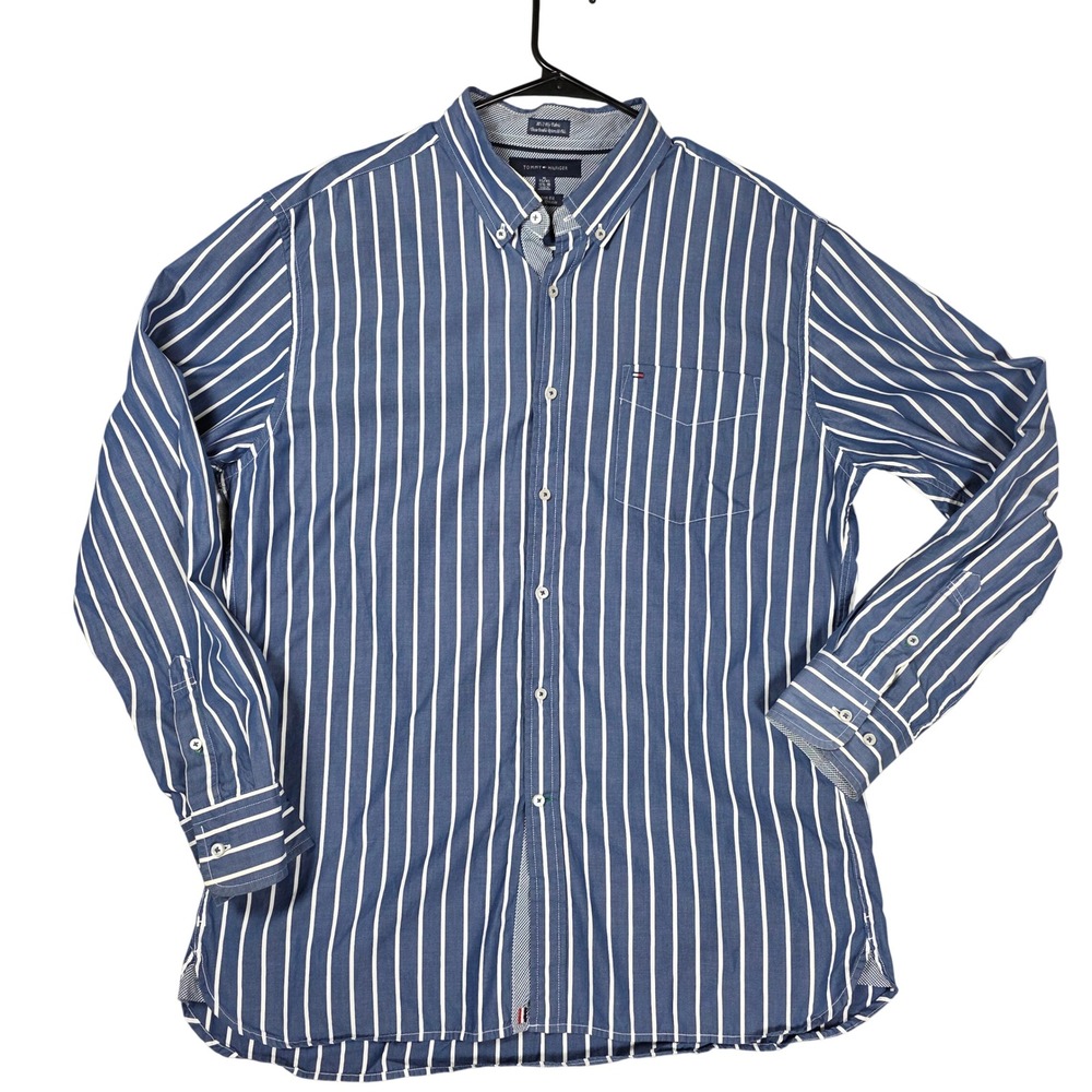 Tommy Hilfiger Button Down Mens XL Blue Good Striped‎ Custom Fit Shirt Meeting